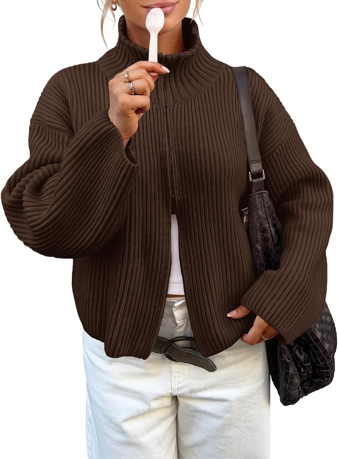 Womens Zip Up Chunky Cardigan Ribbed Knit Mock Neck Sweater Jacket | Amazon (US)