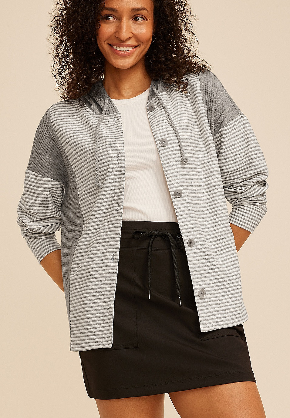 Striped Hooded Button Front Shacket | Maurices