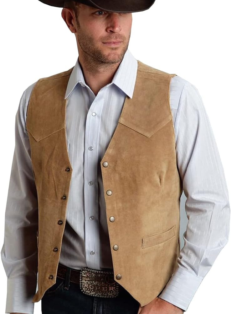 Garqia Clyon Men's Cowboy Suede Leather Vest Western Vest Cowhide Suede Waistcoat Men Vests | Amazon (US)