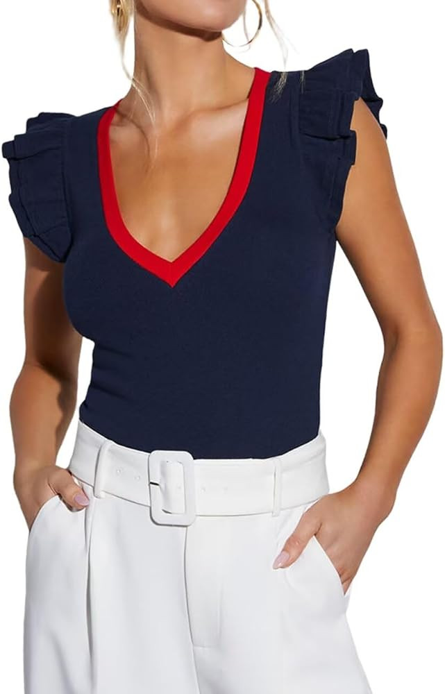 BONITEE Women Summer Ruffle Tops Sexy Deep V Neck Short Sleeve Shirts Trendy Casual Ribbed Slim F... | Amazon (US)