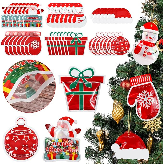 60 Pcs Christmas Plastic Bags Christmas Cello Gift Candy Treat Bags Merry Christmas Bags with Zip... | Amazon (US)
