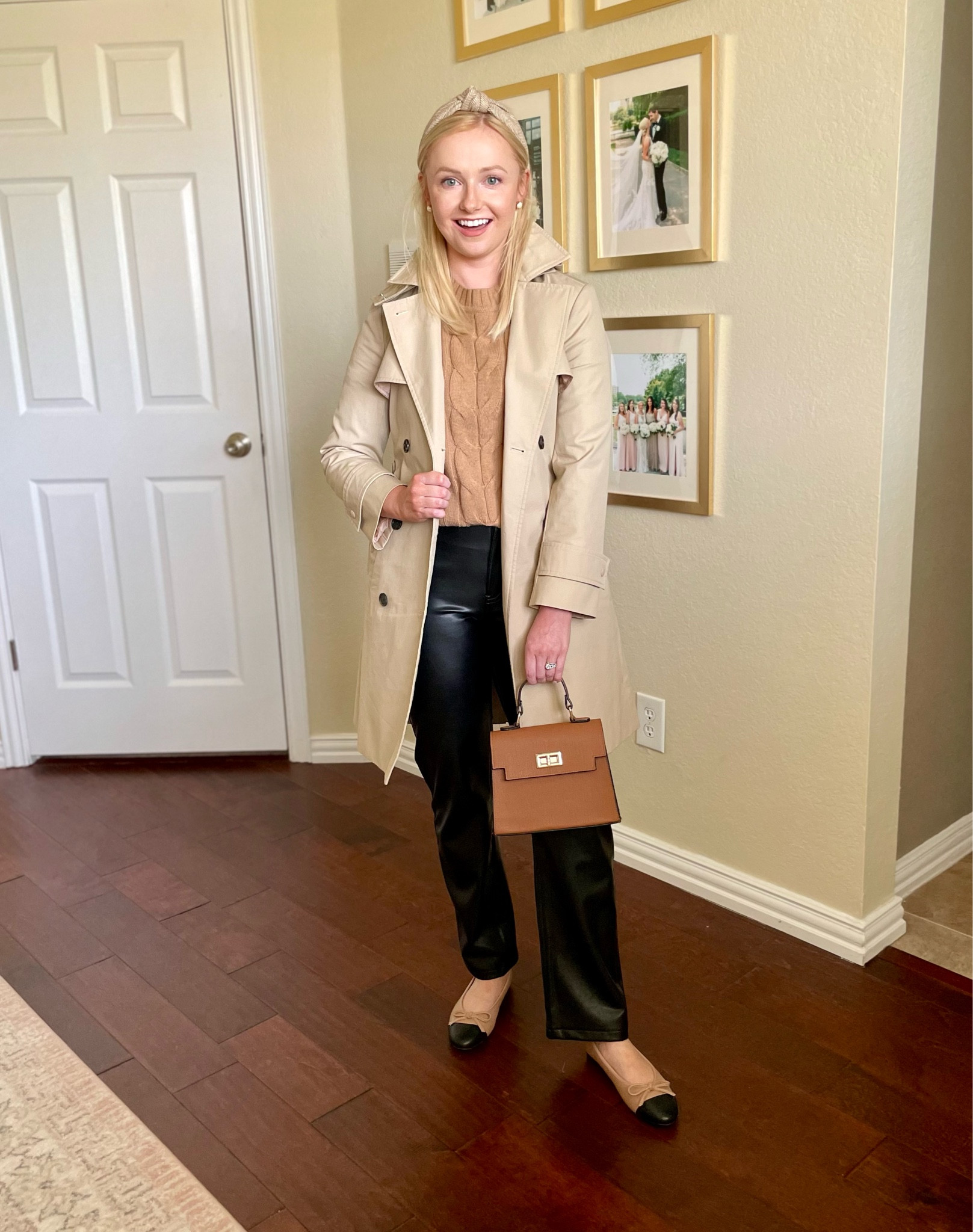 Wearing a 0P in trench coat, 26S in pants, XS in sweater | fall outfit, faux leather pants, leather pants, fall outfit, cap toe flats, cap toe shoes, ballet flats 

#LTKstyletip #LTKSale #LTKSeasonal