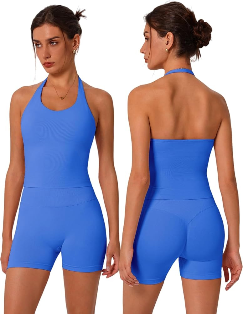 ABOCIW Workout Sets for Women 2 Piece seamless Halter Sports Bra Scrunch Butt Impact Shorts Gym Y... | Amazon (US)