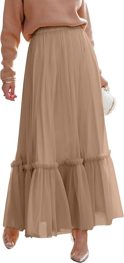 ANRABESS Maxi Skirts for Women Tulle Long Tiered Elastic High Waisted A Line Flowy Dressy Casual ... | Amazon (US)