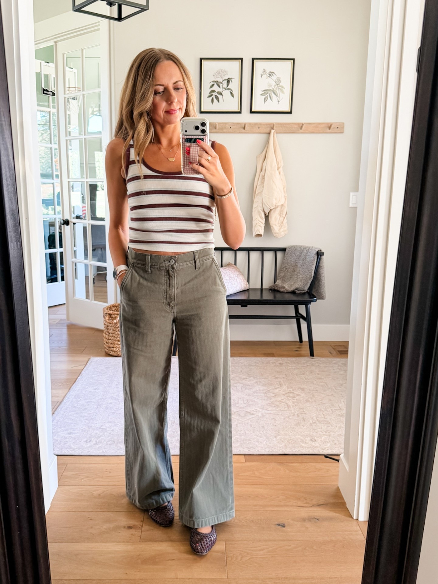 Abercrombie fall transition outfit 🤍 

Green trousers come in four colors and run big. I sized down one to a 26. I’m 5’6” wearing the regular length. 

Also love these bra free scoop tanks!

#LTKSaleAlert #LTKOver40 #LTKootd