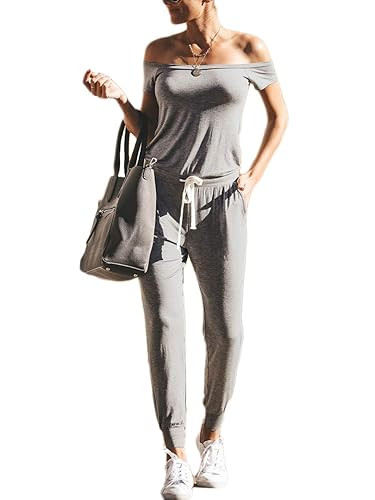 ANRABESS Women's Jumpsuits Sexy Off Shoulder Elastic Waist Beam Foot Romper Playsuit with Pockets | Amazon (US)
