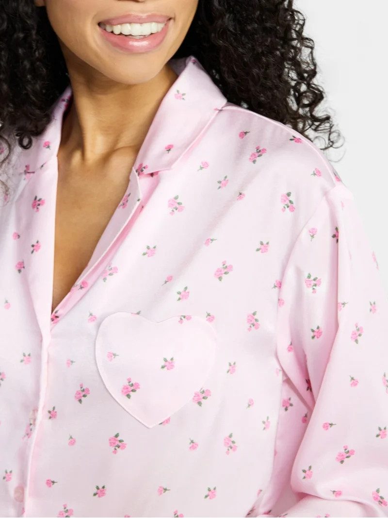 No Boundaries Sleepwear Satin Long Sleeve Button-Up Top and Shorts Set, 2-Piece, Women’s XS-XXL | Walmart (US)