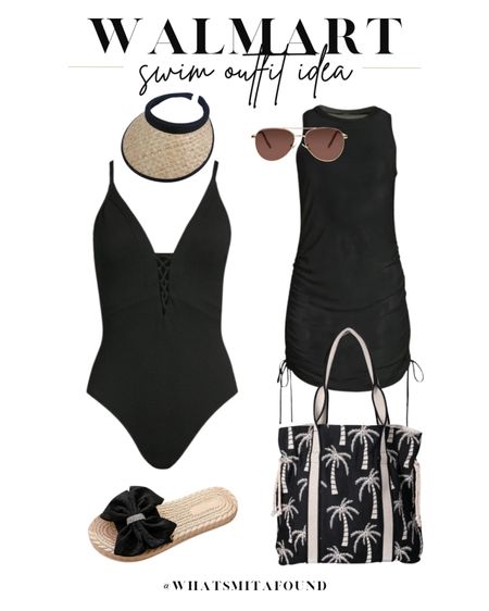 Walmart swim outfit idea, pool outfit idea, beach outfit idea, one piece swimsuit, black swimsuit, lace up one piece swimsuit, black lace up swimsuit, plunge one piece swimsuit, mesh tank dress, cover up dress, tote bag, pool bag, beach bag, patterned tote bag, bow sandals, bow slide sandals, pool slides, beach slides, straw visor, sun visor, aviator sunglasses 

#LTKfindsunder50 #LTKswim #LTKitbag