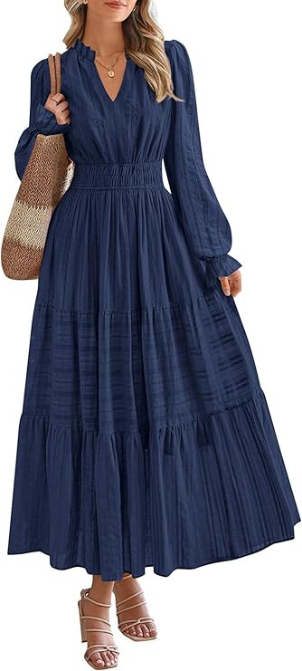 PRETTYGARDEN Women's 2025 Fall Wedding Guest Dresses Long Sleeve V Neck Flowy Elegant Holiday Par... | Amazon (US)