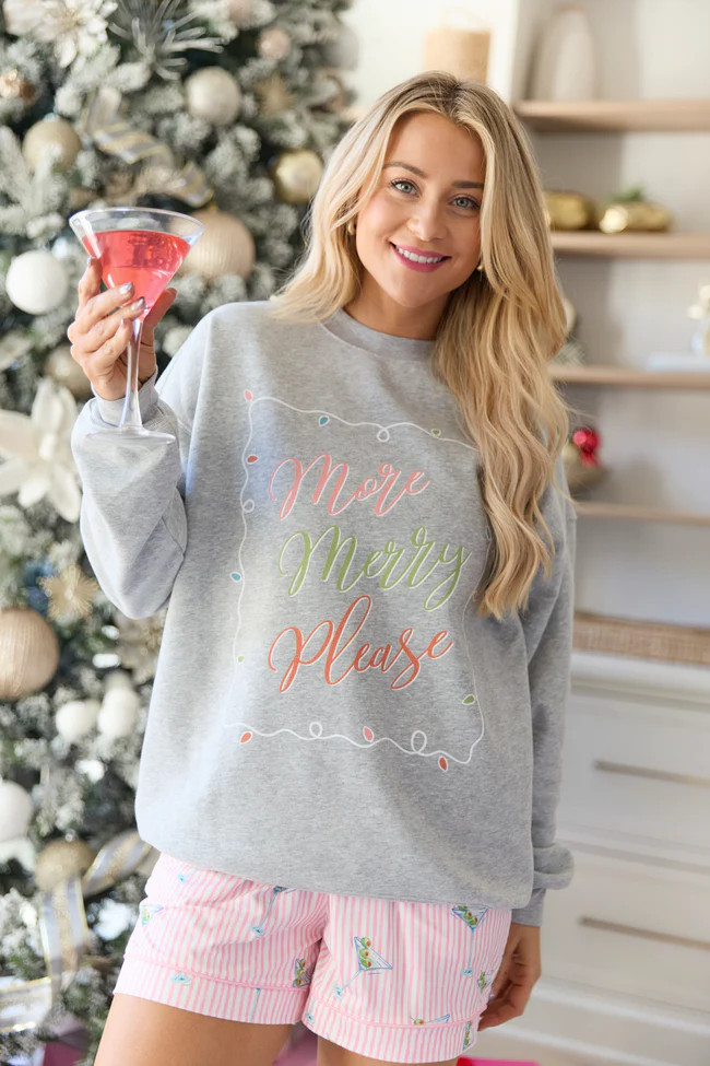More Merry Please Light Grey Graphic Sweatshirt | Pink Lily