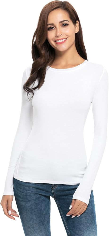Women Long Sleeve Crew Neck/Scoop Neck Solid Rayon Slim Fit Stretchy Layer T Shirts Tops | Amazon (US)