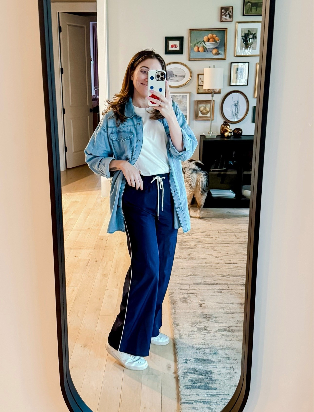 Comfy layered mom ootd! This spring weather is so up and down so layering is key. And a denim or chambray button down is my most used layering piece 
Top M / White tee M / Track pants M / Sneakers tts 

#LTKmomlife #LTKootd #LTKSeasonal