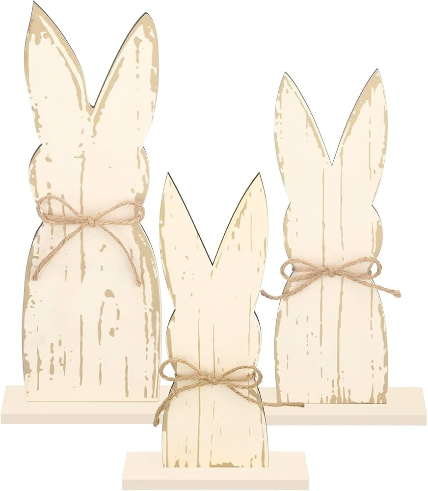 3 Pcs Easter Bunny Wooden Signs with Rope Bow and Base Bunny Shaped Freestanding Centerpiece Sign... | Amazon (US)