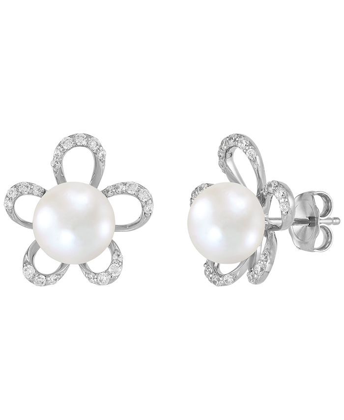 Macy's Cultured Freshwater Pearl (8mm) & White Topaz (3/8ct.tw.) Openwork Flower Stud Earrings in... | Macys (US)