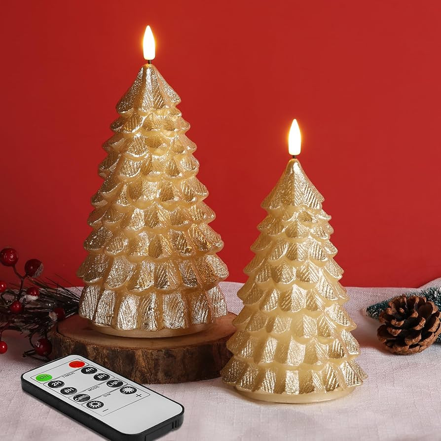 Eywamage Gold Christmas Tree Flameless Candles with Remote, Flickering Real Wax Battery LED Pilla... | Amazon (US)