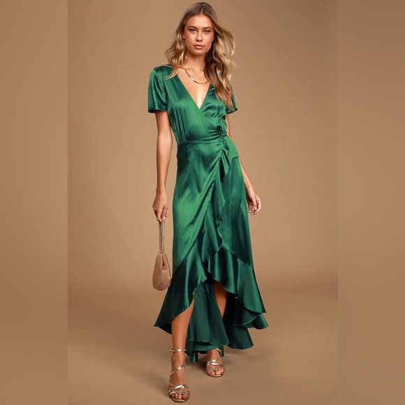 NWT Lulu’s Love Of Your Life Dark Green Satin Ruffled Wrap Maxi Dress sz XS | Poshmark