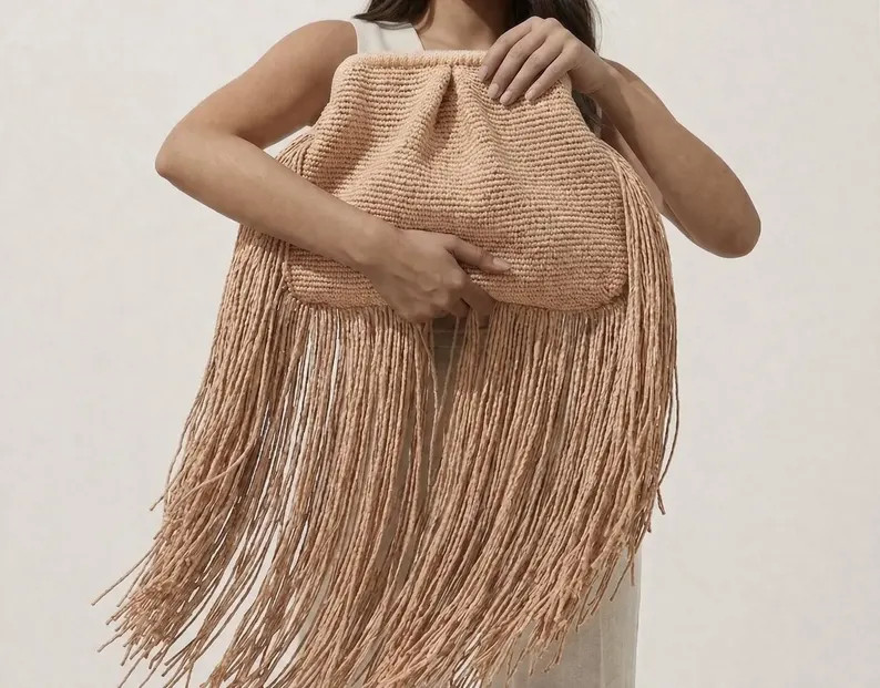 Oversized Fringe Raffia Bag, XL Raffia Clutch, Crochet Handbag for Wedding, Luxury Straw Purse | Etsy (Global)