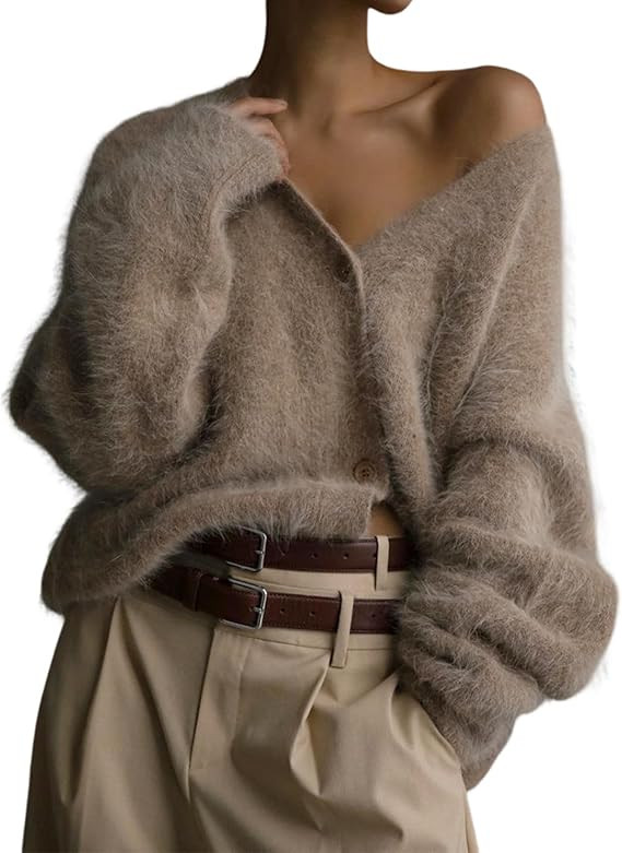 Yimoon Womens Fuzzy Cardigan Sweater V Neck Long Sleeve Button Down Slouchy Furry Knit Sweaters 2... | Amazon (US)