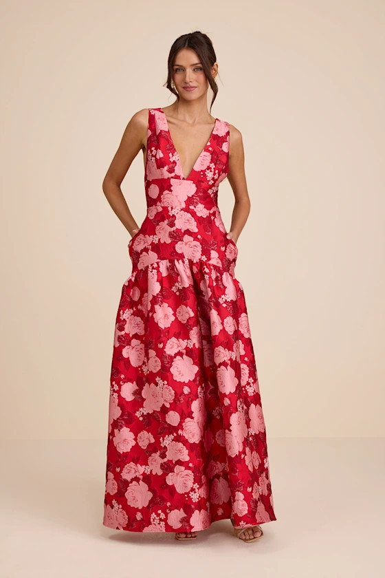 Valna Red Floral Jacquard Drop Waist Maxi Dress | Lulus