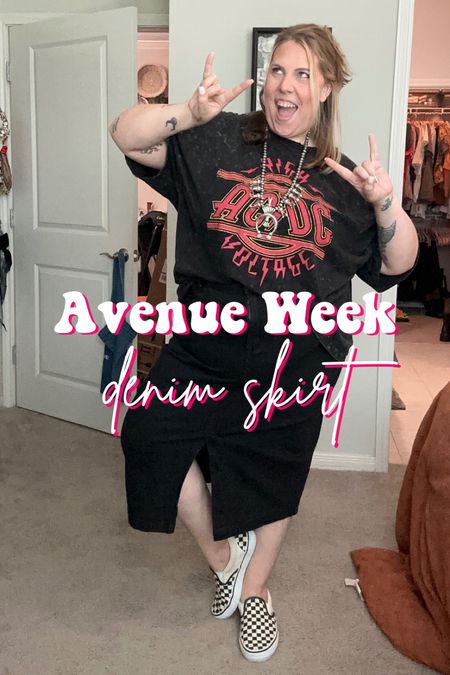 Avenue week day 1: styling this amazing black denim skirt! I paired it with my favorite graphic tee, my checkered vans, and a statement necklace!
