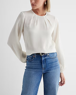 Satin Textured Gathered Neck Balloon Sleeve Top | Express