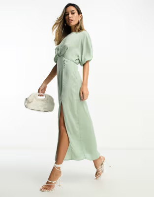 ASOS DESIGN satin batwing midi dress with button side detail in sage green | ASOS (Global)