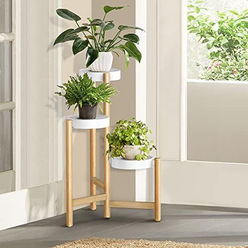 ADOVEL Plant Stand for Indoor Plants, 3 Tier Tall Corner Bamboo Pot Holder - White | Amazon (US)