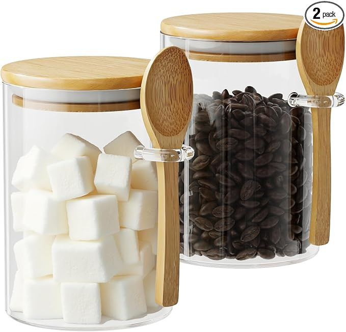 Glass Sugar Container with Spoon - 2 Pack 15oz Glass Jars with Bamboo Lid and Spoon, Bamboo Lid S... | Amazon (US)