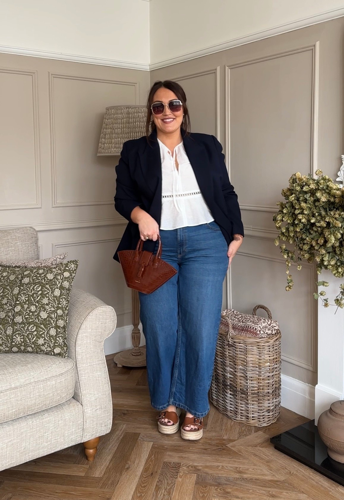 Navy, white & Tan a fave combo of mine. It's timeless and effortless. I'm wearing with these beautiful wide leg jeans and spring wedge shoes. A cute white blouse perfect coming into spring/summer and a navy blazer 

#LTKspring #LTKuk #LTKsummer