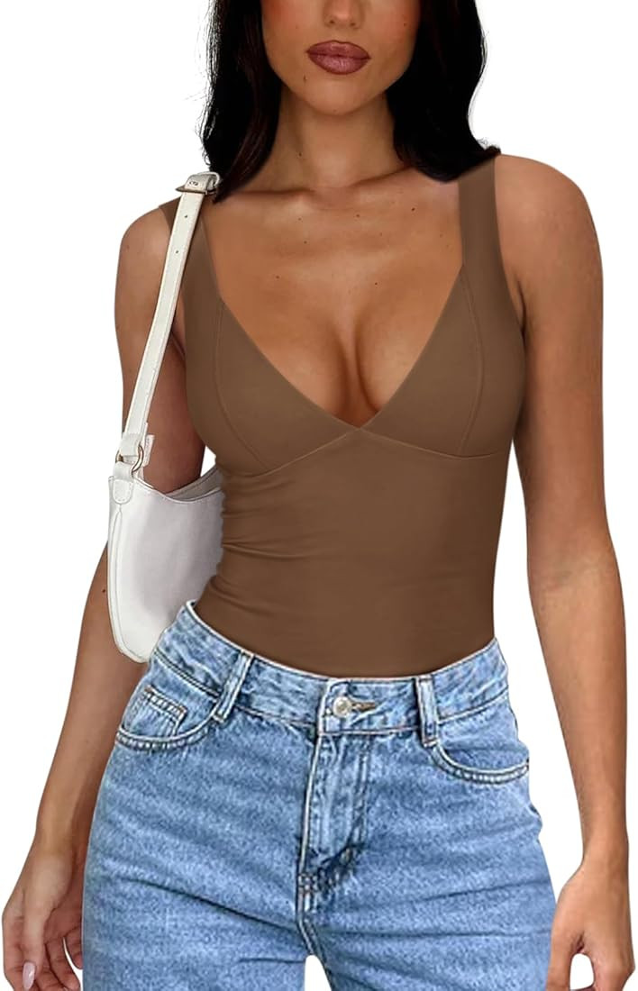 REORIA Womens V Neck Bodysuits Summer Sleeveless Double Lined Tank Going Out Fashion Tops 2024 Tr... | Amazon (US)