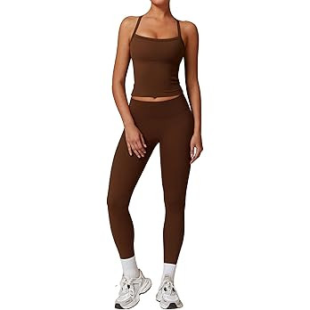 Womens Workout Sets Two Piece Cross Back Tank Top Matching High Waist Leggings Sets Gym Outfits W... | Amazon (US)