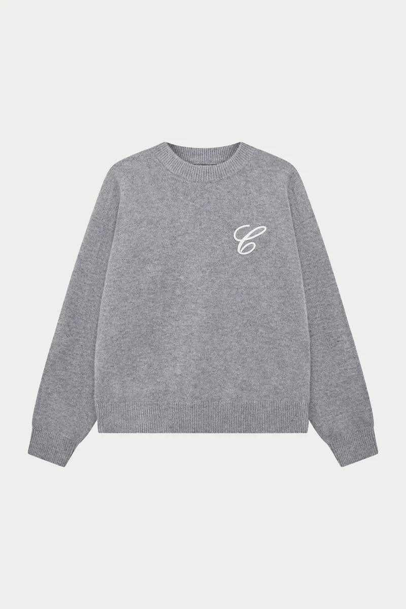 C EMBROIDERY KNITTED CREW - GREY MARL | The Couture Club