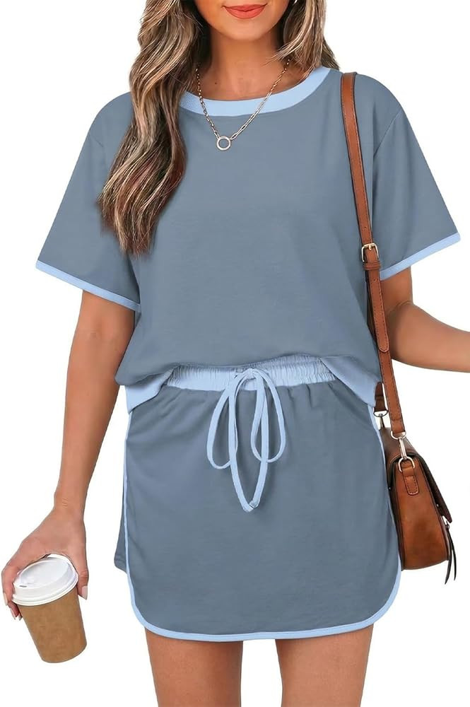 Womens 2 Piece Skort Set 2026 Color Block Short Sleeve Top Drawstring Skort Matching Sets Casual ... | Amazon (US)