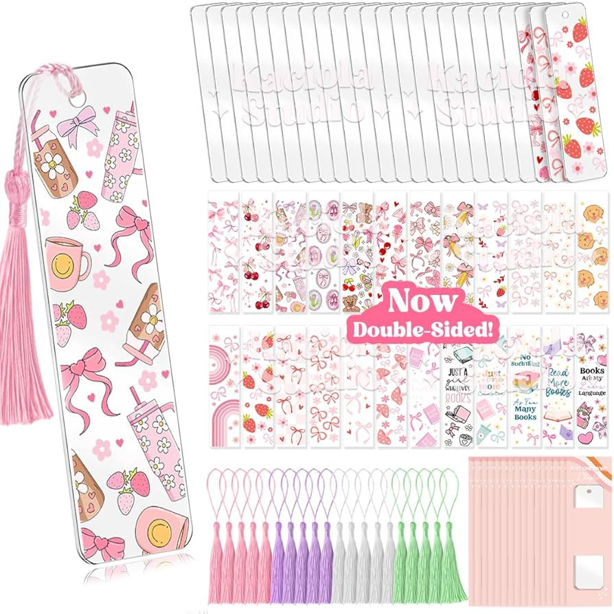 Kaciola 24PCS Acrylic Bookmark Blanks with 24PCS Pink Bow Theme UV DTF Stickers and 4 Colors Tass... | Amazon (US)