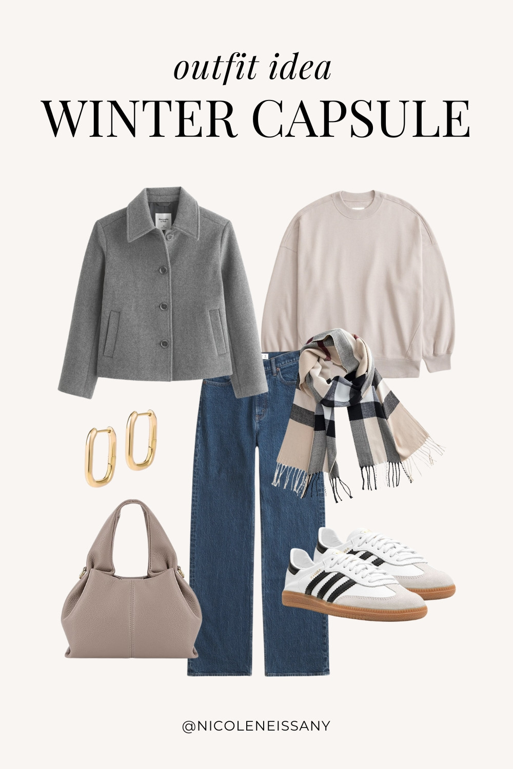 Winter Capsule Wardrobe Outfit Idea | winter capsule outfit, winter outfit, winter outfits, winter style, winter fashion, winter 2024 fashion, winter outfits 2024, winter trends 2024, winter outfit inspo, winter outfit inspiration, winter capsule wardrobe essentials, winter wardrobe essentials, winter closet essentials, winter essentials, winter basics, winter must haves, neutral capsule wardrobe, neutral outfit, neutral fashion, casual outfit, casual date night outfit, elevated casual outfit, brunch outfit, everyday outfit, errands outfit, Abercrombie, Abercrombie denim, Abercrombie jeans, Amazon Fashion, Revolve, Lulus, Nordstrom, H&M, Nordstrom // winter jacket, wool jacket, peacoat, bomber jacket, sweatshirt, adidas samba decon sneakers, neutral sneakers, dumpling purse, polene dupe, polene bag dupe, gold square hoop earrings, winter scarf, plaid scarf 

 #LTKSeasonal #LTKHome #LTKSaleAlert #LTKParties #LTKFindsUnder50 #LTKFindsUnder100 #LTKStyleTip #LTKTravel #LTKShoeCrush #LTKItBag