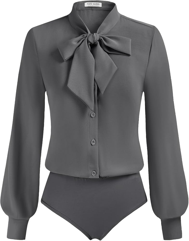 Kate Kasin Women Bow Tie Neck Office Blouse Button Down Long Sleeve Bodysuits Blouse Top | Amazon (US)