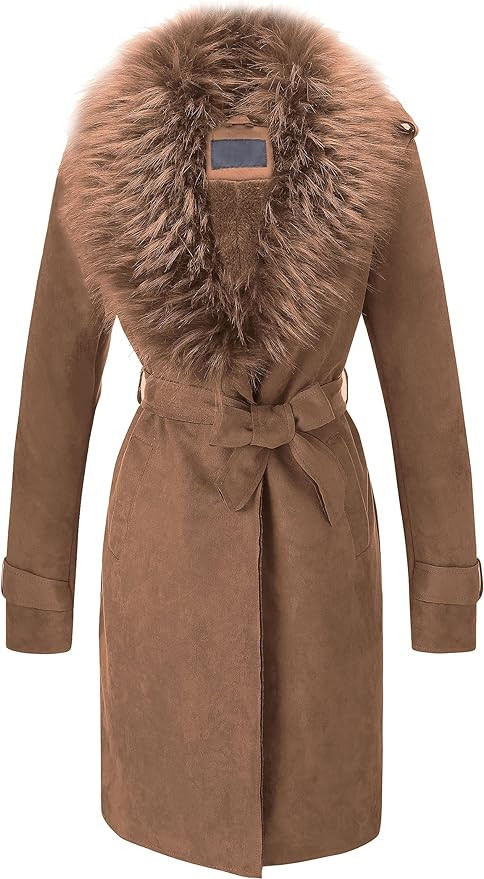 Bellivera Women Faux Leather Trench Coat Fleece-Lined Mid-length Jacket with Detachable Fur Colla... | Amazon (US)