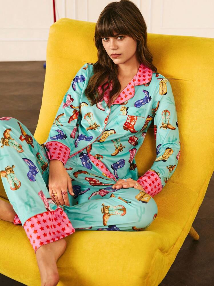 Chillnights Western Cowgirl Boots & Star Print Fashion Women Pajama Set Holiday Season | SHEIN
