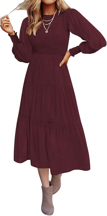 Tobrief Women's Smocked Midi Dress Fall Long Sleeve Elastic High Waist Flowy Tiered Dress | Amazon (US)