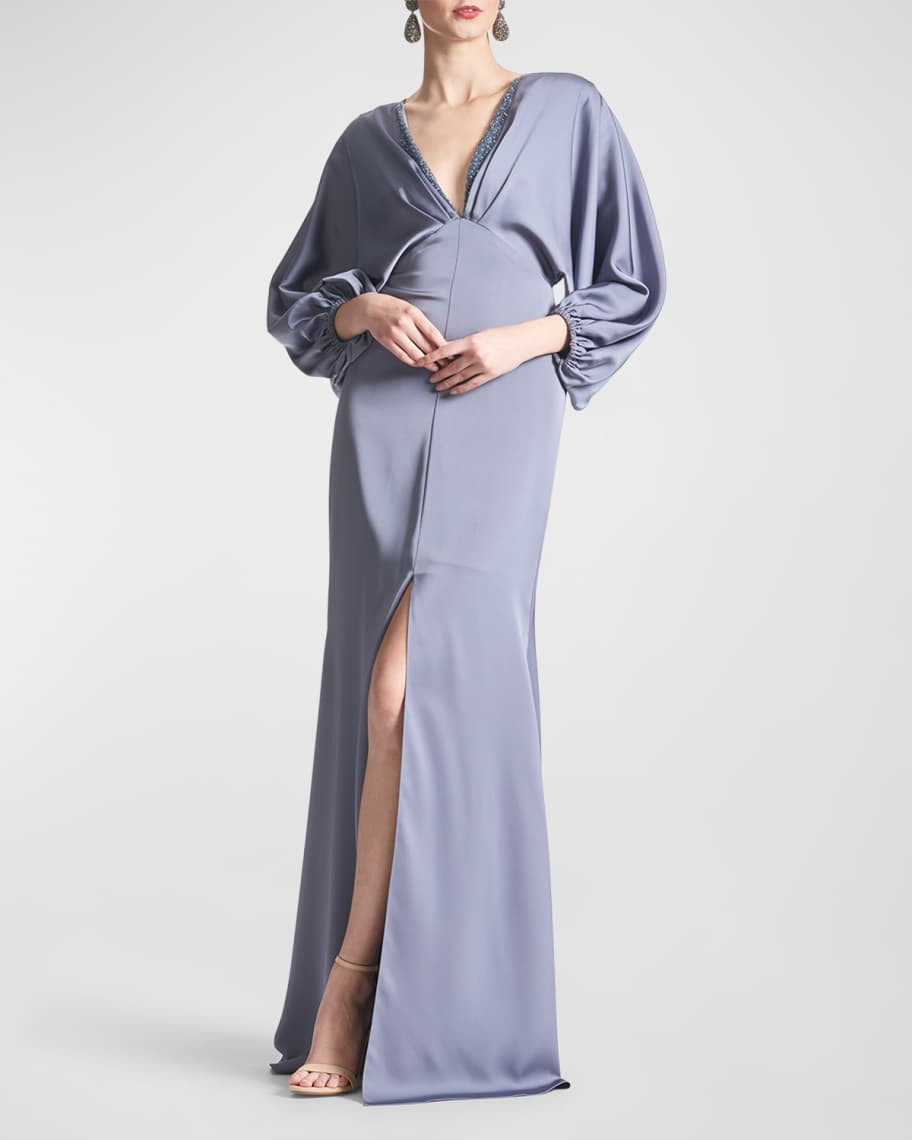 Sachin & Babi Noir Gabby Beaded Blouson-Sleeve Satin Gown | Neiman Marcus
