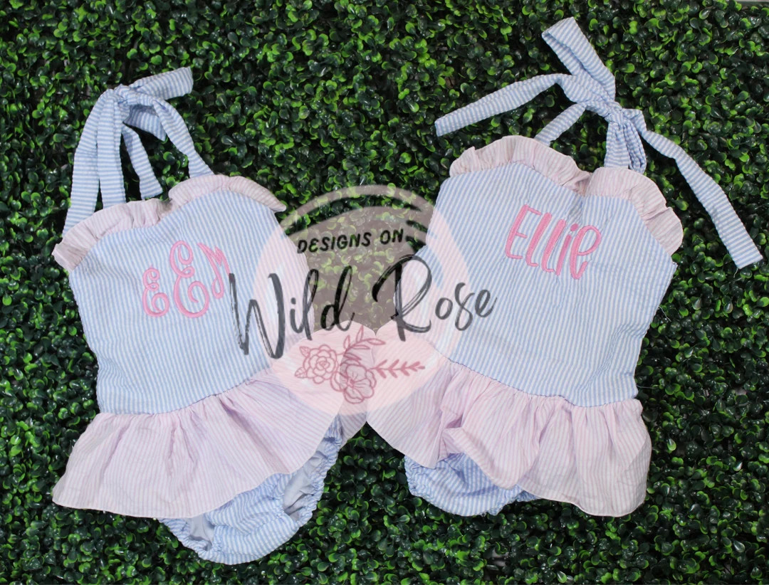 Girls Swimsuit | Pink and Blue Seersucker| One Piece | Personalized Name Monogram Initial | Baby,... | Etsy (US)