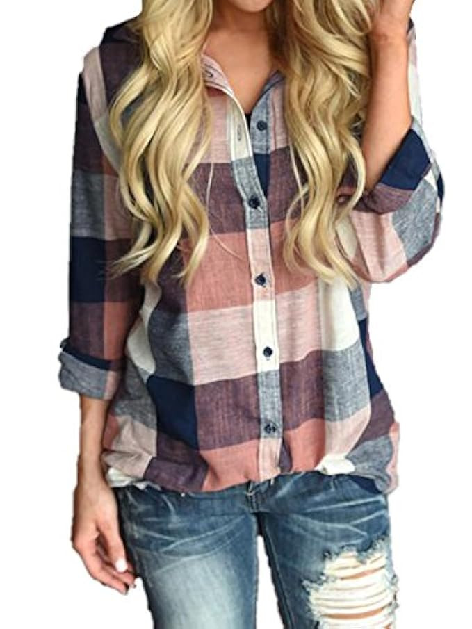 Voopptaw Women's Casual Roll-up Sleeve Button Down Colorblock Plaid Flannel Shirt Top | Amazon (US)
