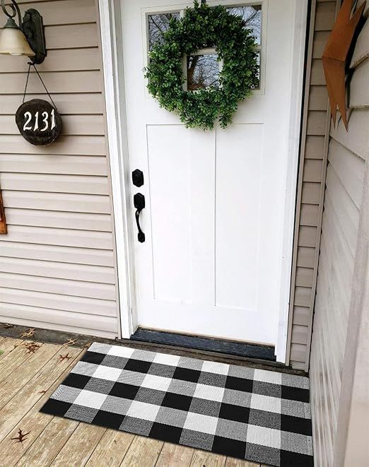 Ukeler Buffalo Plaid Rug 100% Cotton Porch Rugs Black and White Checkered Plaid Door Mat Hand-Wov... | Amazon (US)