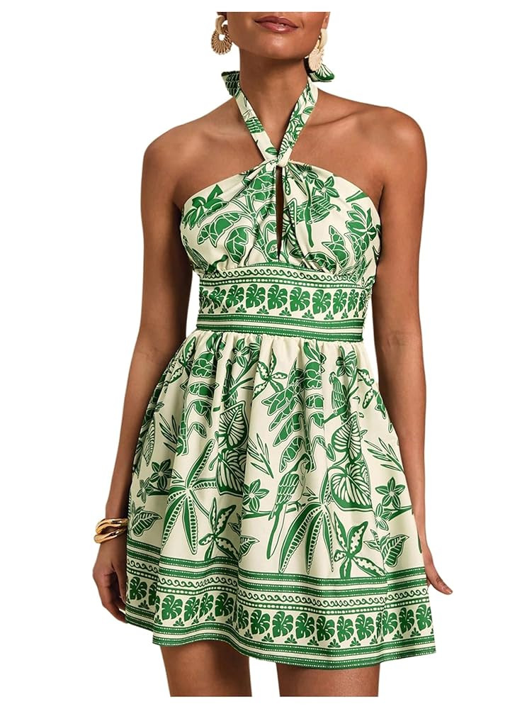 SOLY HUX Women's Sundress Tropical Print Halter Dress Tie Backless Sleeveless A Line Short Summer... | Amazon (US)