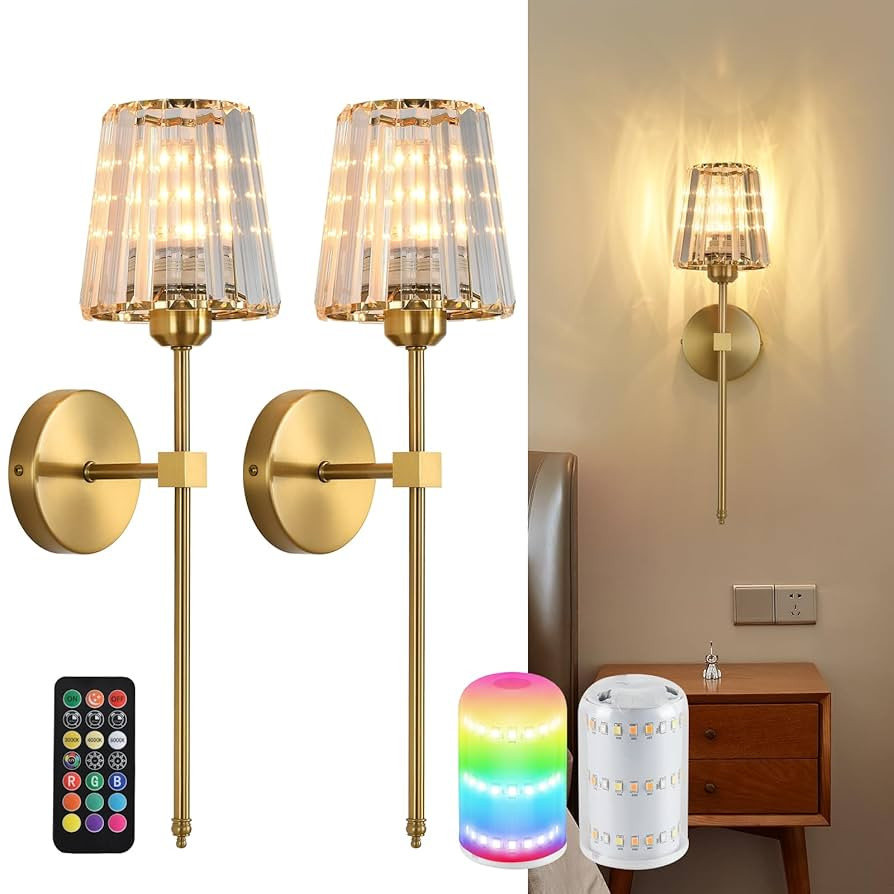 Battery Operated Crystal Wall Sconces Set of 2, Gold Wireless Wall Sconce with USB Rechargeable L... | Amazon (US)