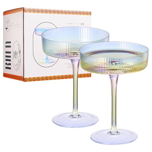 Iridescent Coupe Glasses, Martini, Champagne Cocktails, Vintage Art Deco | Set of 2 | 7.1 oz Stemmed Classic Manhattan Glasses For Speakeasy, Cocktail, Margarita, Ripple Coupes, Gatsby, Crystal Stems | Amazon (US)