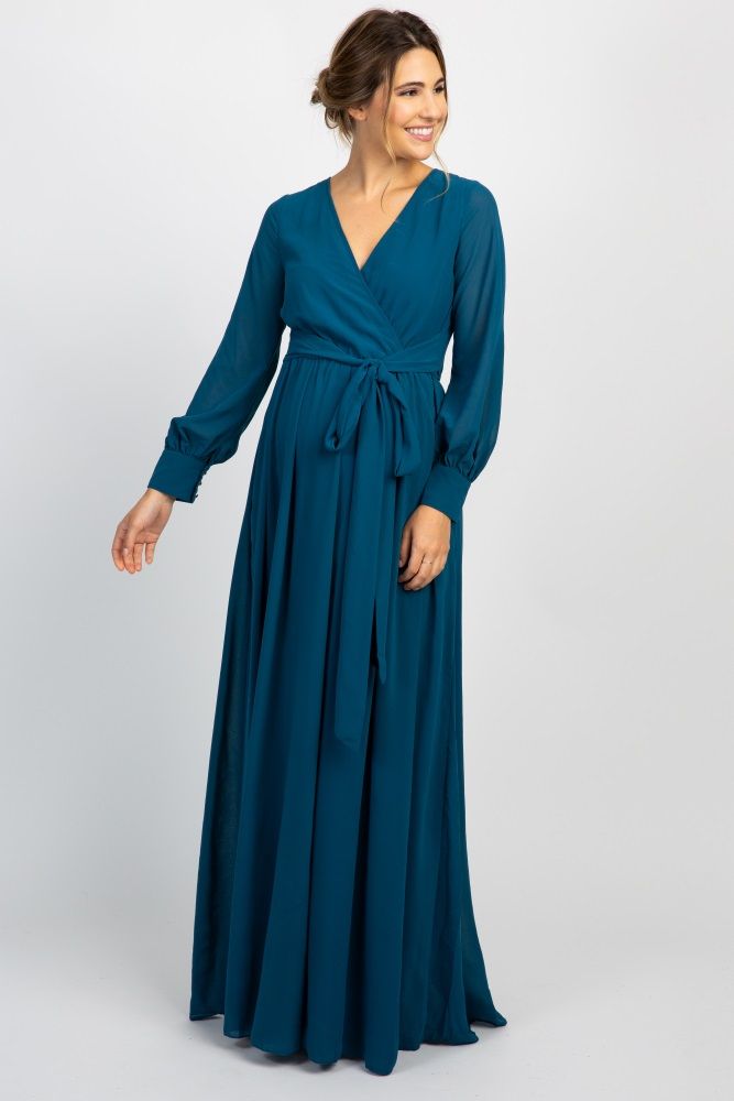 Teal Chiffon Long Sleeve Pleated Maternity Maxi Dress | PinkBlush Maternity