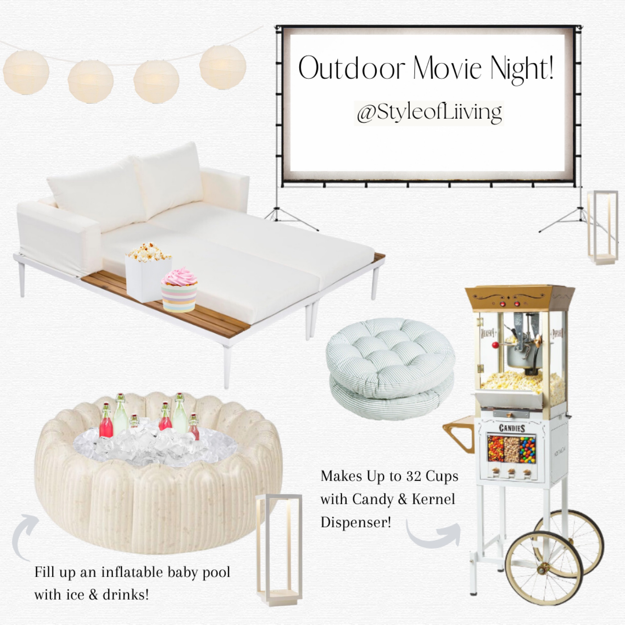 Outdoor movie night ideas and inspiration! White paper lanterns, projector screen, lounge furniture, inflatable baby pool, vintage popcorn machine with candy dispenser, floor cushions, wireless lights, popcorn box, candy and icecream cups. #outdoor #movienight #summerr

#LTKKids #LTKFamily #LTKHome