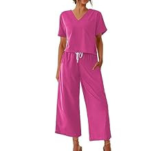 Ekouaer Women's 100% Cotton Linen Lounge Set Short Sleeve Top Pajamas Wide Leg Pants Loungewear O... | Amazon (US)