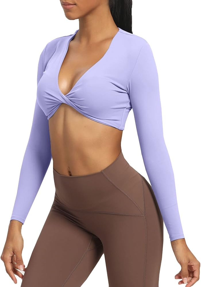 Aoxjox Long Sleeve Crop Tops for Women Sienna Twist Deep V Workout Cropped T Shirt Top | Amazon (US)
